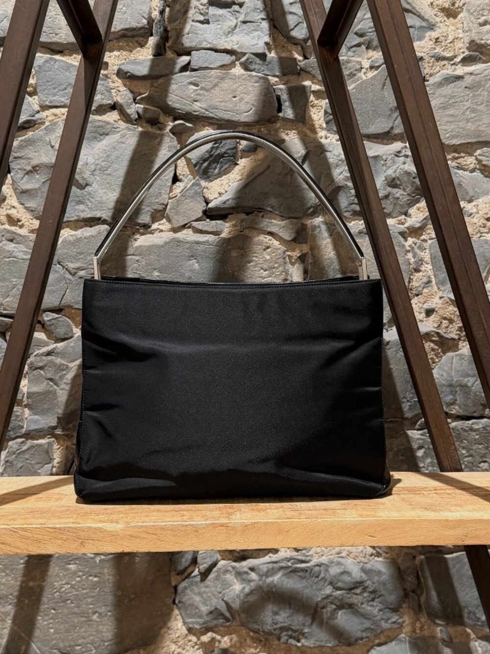 Prada Vintage 90s Black Leather Tessuto Metal Handle Bag